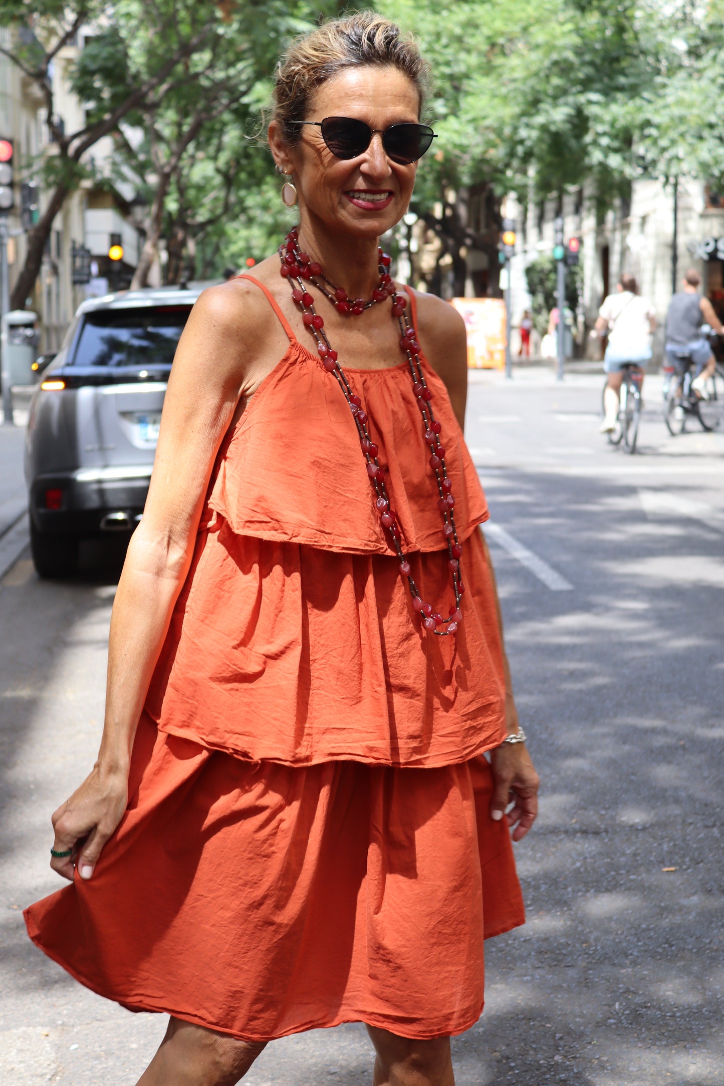 VESTIDO CORTO VOLANTES TEJA