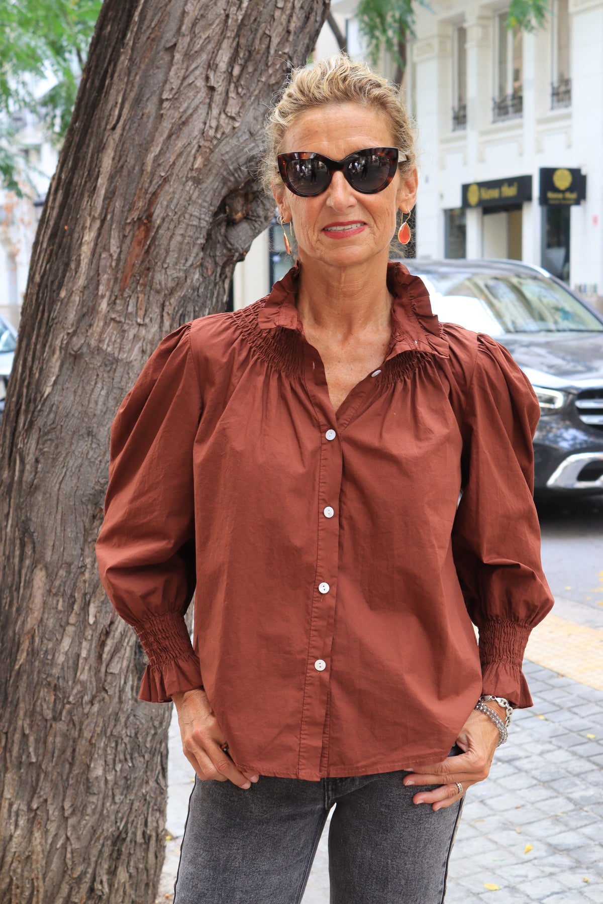 CAMISA CUELLO FRUNCIDO TEJA
