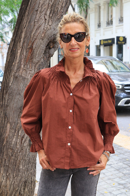 CAMISA CUELLO FRUNCIDO TEJA