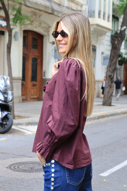 CAMISA CUELLO FRUNCIDO BERENJENA