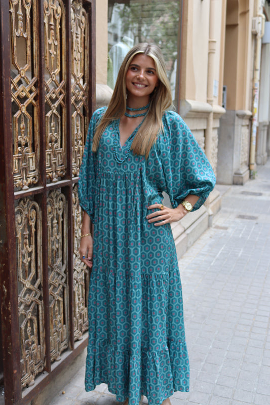 VESTIDO PILAR ABULLONADO TURQUESA